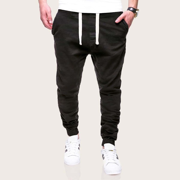 

Men Solid Drawstring Waist Sweatpants, Black