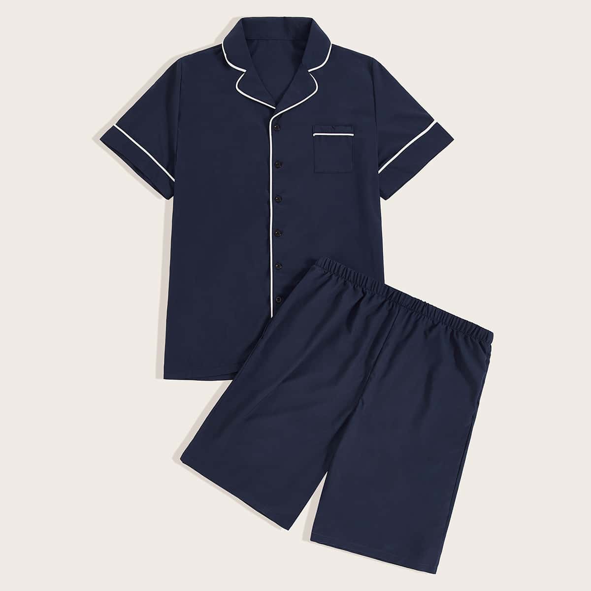 

Guys Contrast Binding Shirt & Shorts PJ Set, Navy