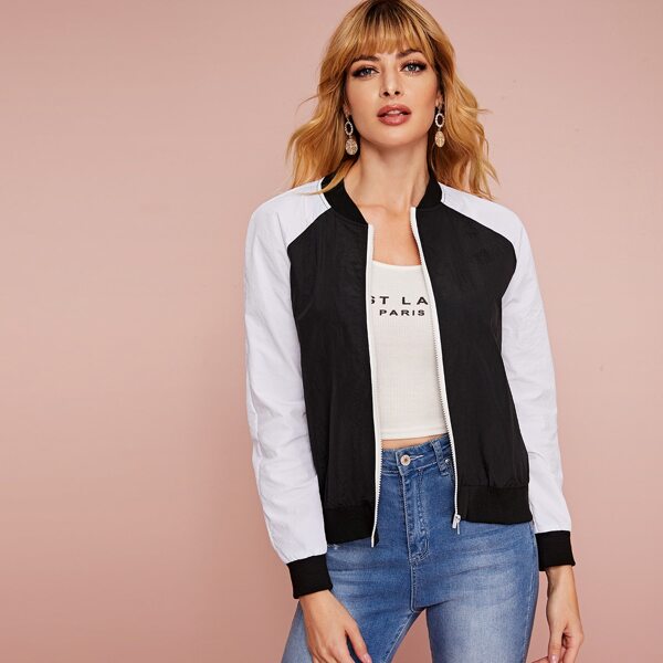 

Two Tone Zip Up Bomber Jacket, Black and white