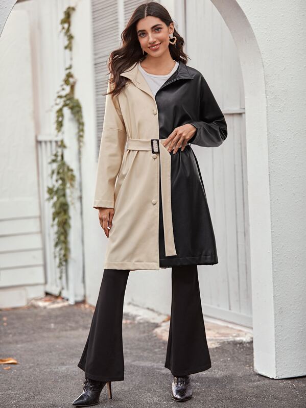 Buckle Belted Button Front Cut And Sew PU Coat, Multicolor, Julia