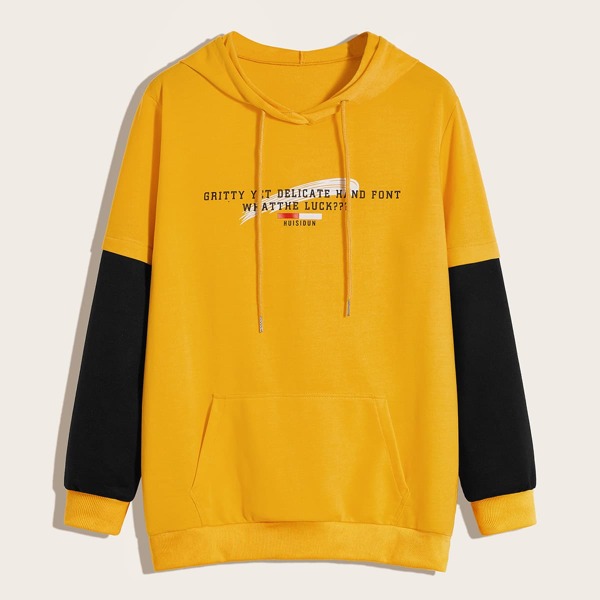 

Men Letter Graphic Contrast Sleeve Hoodie, Yellow bright