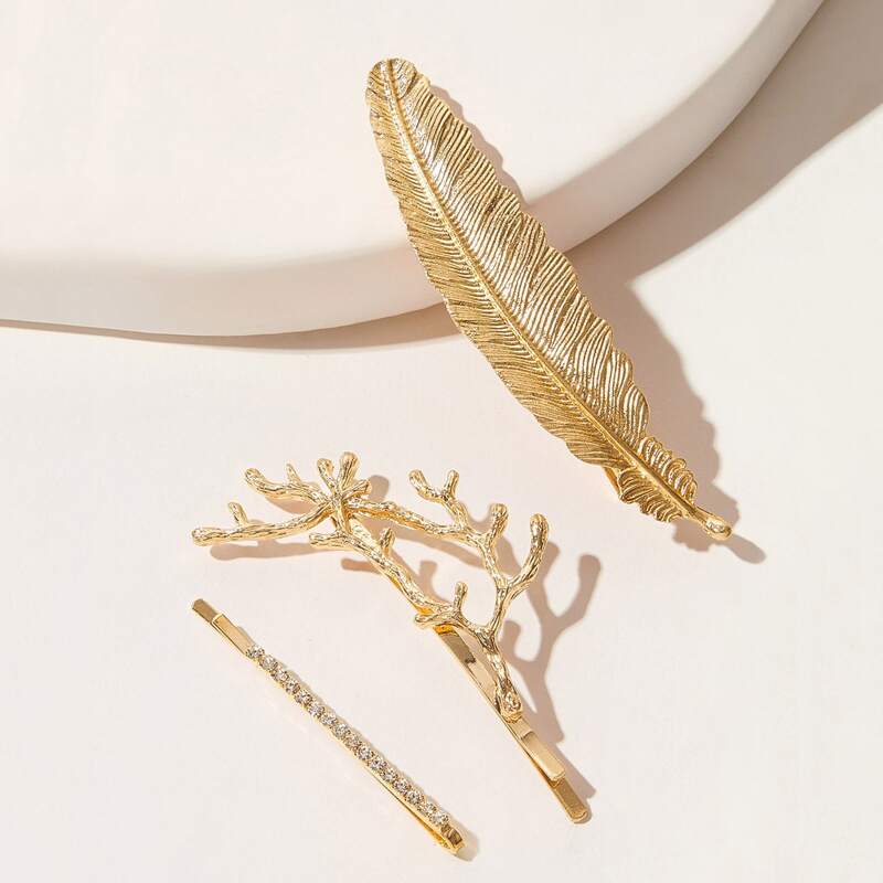 

3pcs Rhinestone Engraved Leaf Decor Hair Clip, Gold