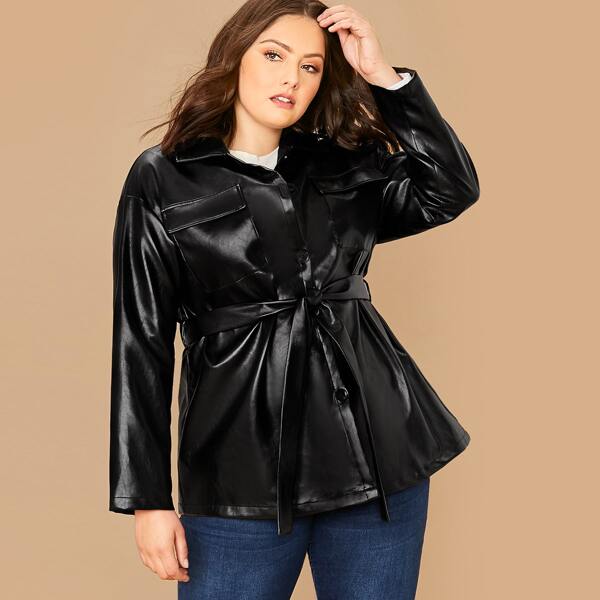 

Plus Pocket Front Single Breasted PU Leather Coat, Black