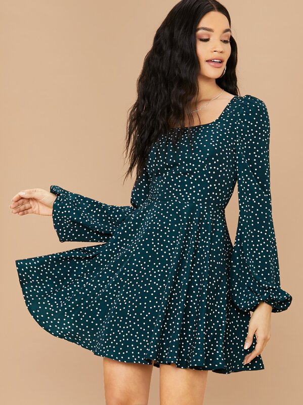 

Polka Dot Print Lantern Sleeve Skater Dress, Green, Juliette