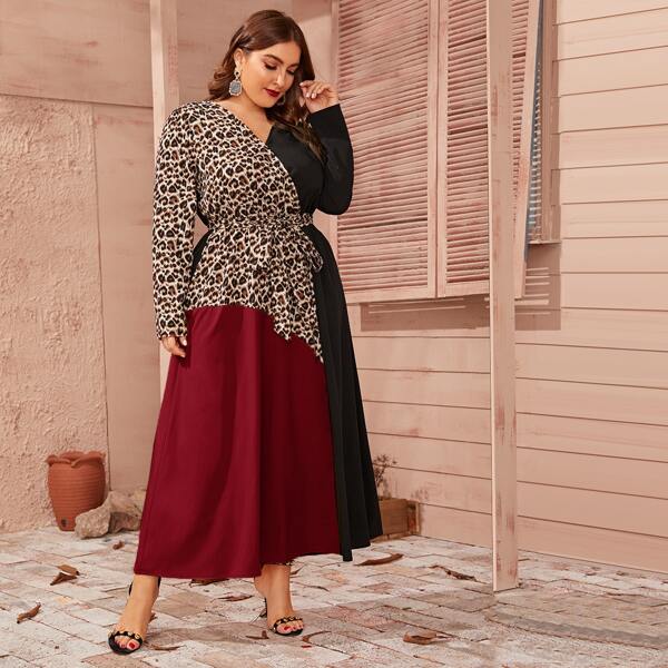

Plus Colorblock Leopard Panel Self Belted Dress, Multicolor