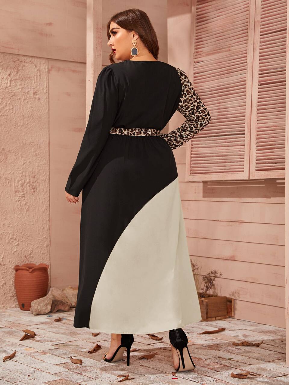 Plus Colorblock Leopard Panel Self Belted Dress