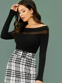 SHEIN Privé Camiseta delgada con malla de hombros descubiertos - Negro - Ver 3