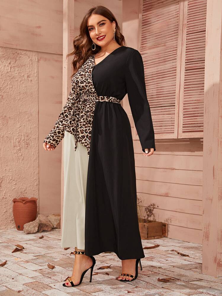 Plus Colorblock Leopard Panel Self Belted Dress