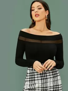 SHEIN Privé Camiseta delgada con malla de hombros descubiertos - Negro - Ver 1