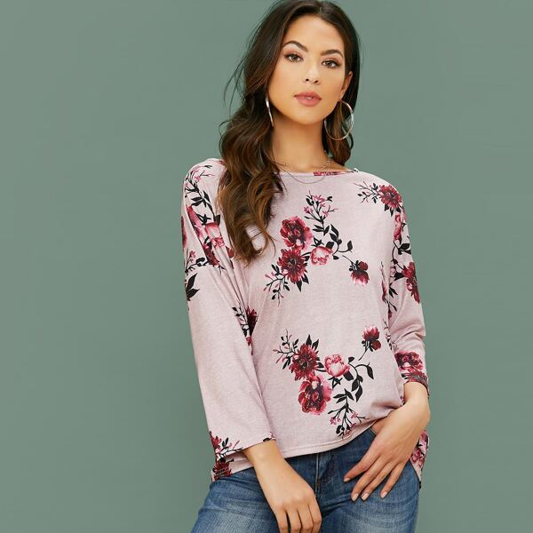 

Drop Shoulder Floral Print Tee, Pink