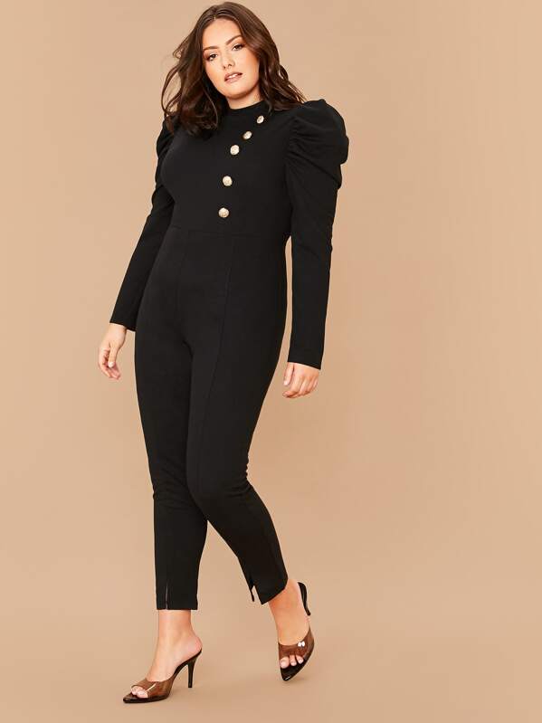 

Plus Gold Button Detail Gigot Sleeve Split Hem Jumpsuit, Black, Marcelle Pallais