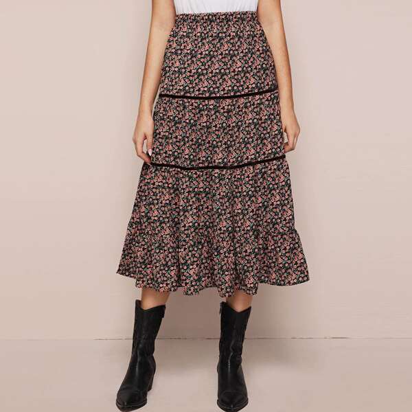 

Ditsy Floral Print Ruffle Hem Skirt, Multicolor