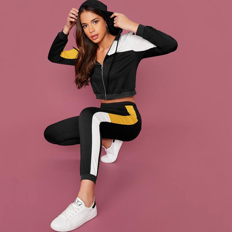 

Color Block Zip Up Hoodie and Sweatpants Set, Black