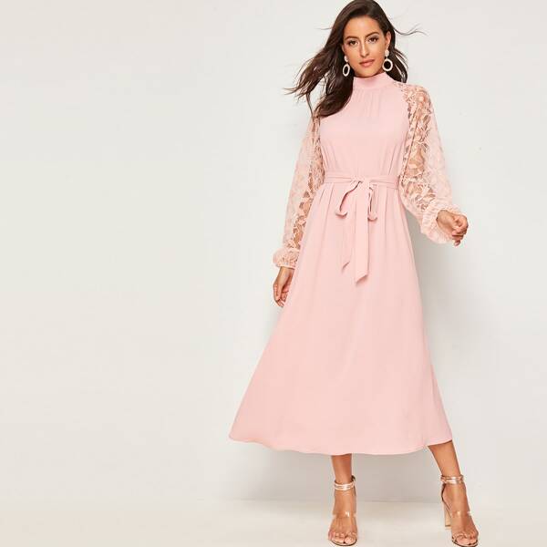 

Tie Back Lace Raglan Sleeve Self Belted Dress, Pink pastel