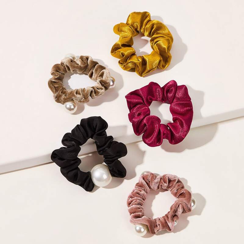 

5pcs Faux Pearl Decor Scrunchie, Multicolor