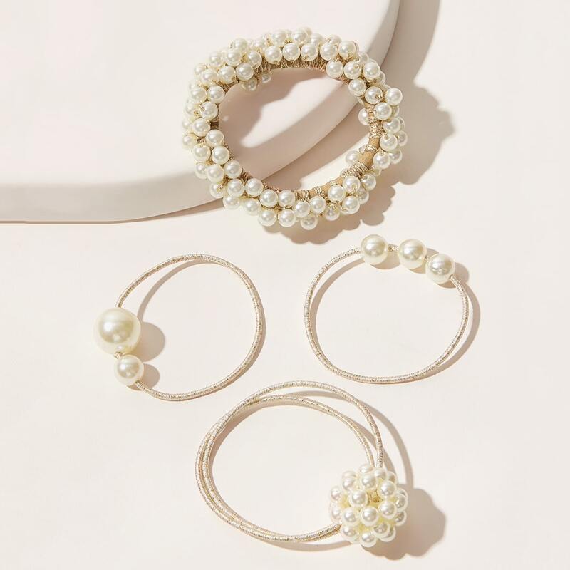 

4pcs Faux Pearl Decor Hair Tie, Beige
