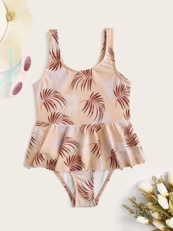 

Girls Palm Random Print Peplum One Piece Swimwear, Pink