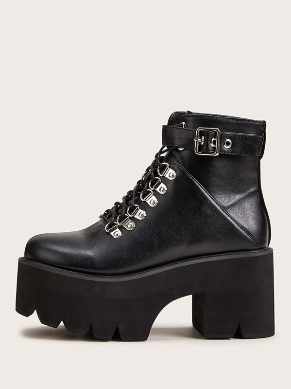 

Buckle Decor Lace-up Front Platform Chunky Boots, Black