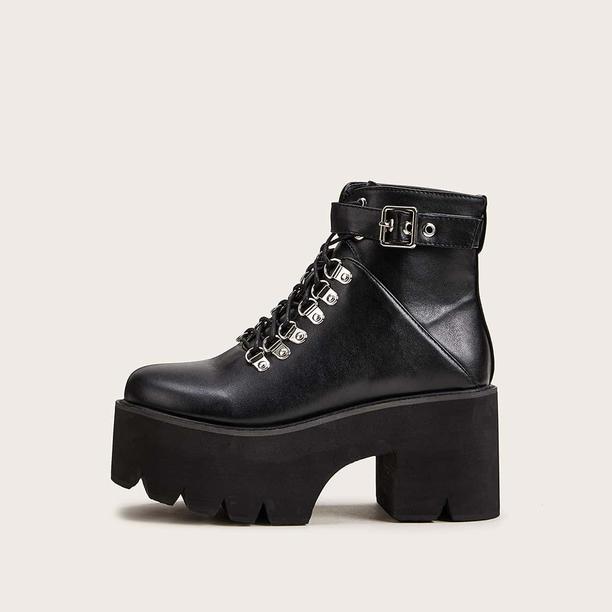 

Buckle Decor Lace-up Front Platform Chunky Boots, Black