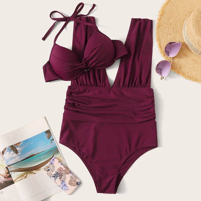 

2pcs Underwire Bikini Top & Ruched One Piece Swimwear, Burgundy