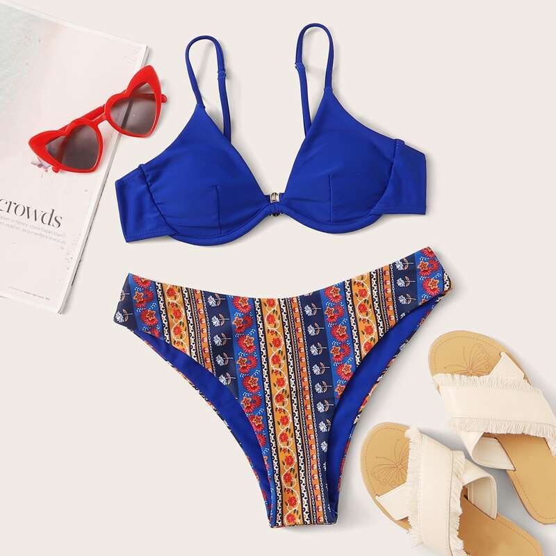 

Underwire Top With Tribal High Cut Bikini Set, Multicolor