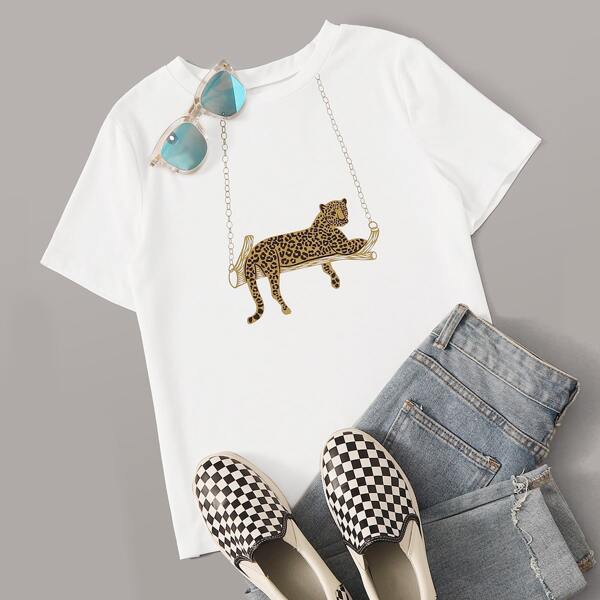 

Chain And Leopard Print Crew Neck Tee, White