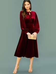 SHEIN 繫帶領燈籠袖天鵝絨傘狀連衣裙 - 酒紅色 - 查看 5