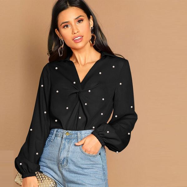 

Notch Collar Twist Detail Pearl Beaded Top, Black
