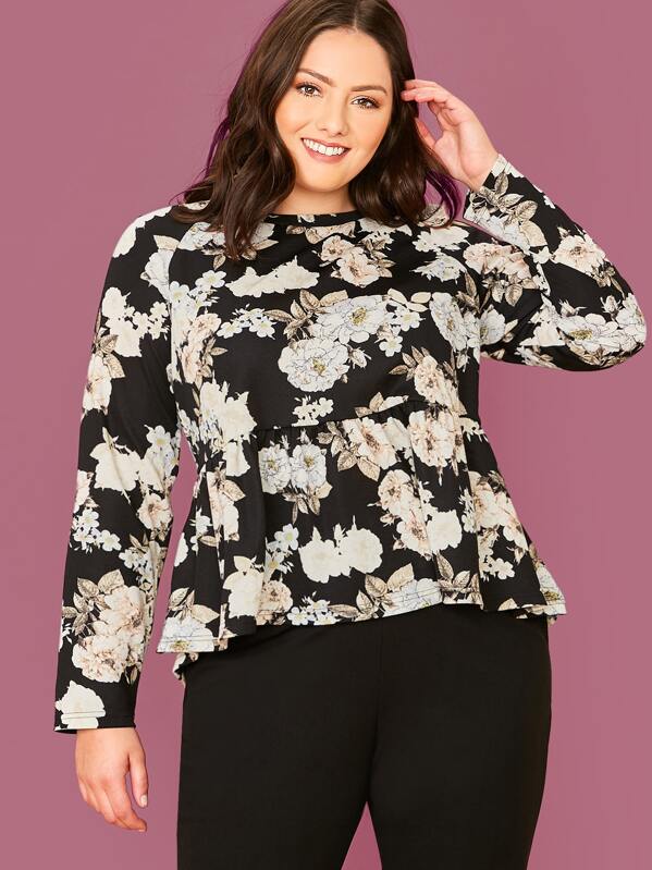 

Plus Raglan Sleeve Floral Print Peplum Top, Multicolor, Marcelle Pallais