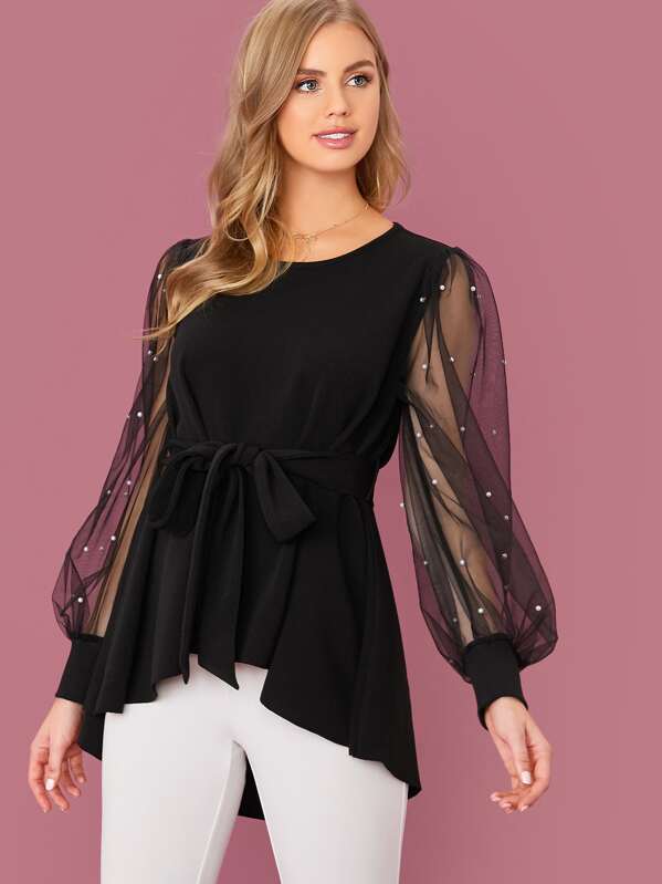 

Pearl Beaded Mesh Lantern Sleeve Dip Hem Top, Black, Effy Harvard