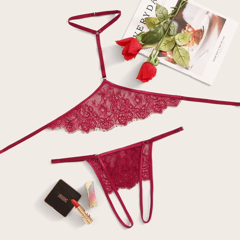 

Floral Lace Crotchless Lingerie Set & Choker, Red