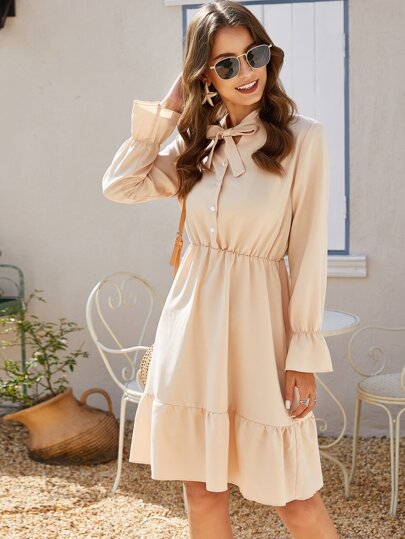 Solid Button Front Tie Neck Dress