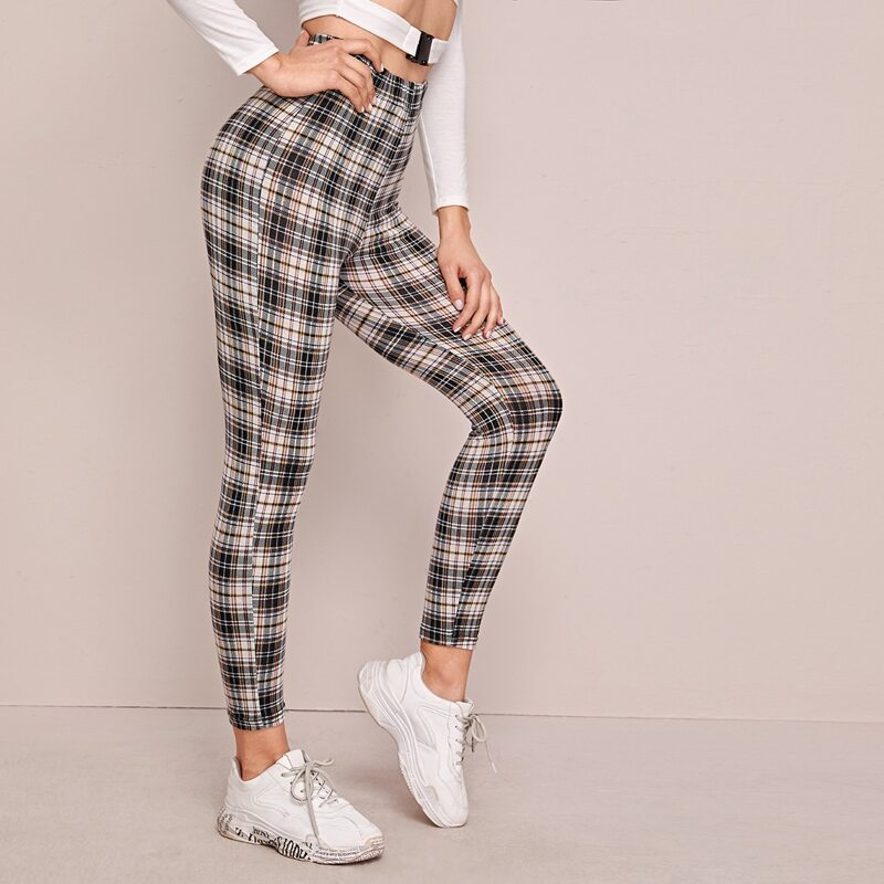 

High Waist Plaid Cropped Leggings, Multicolor