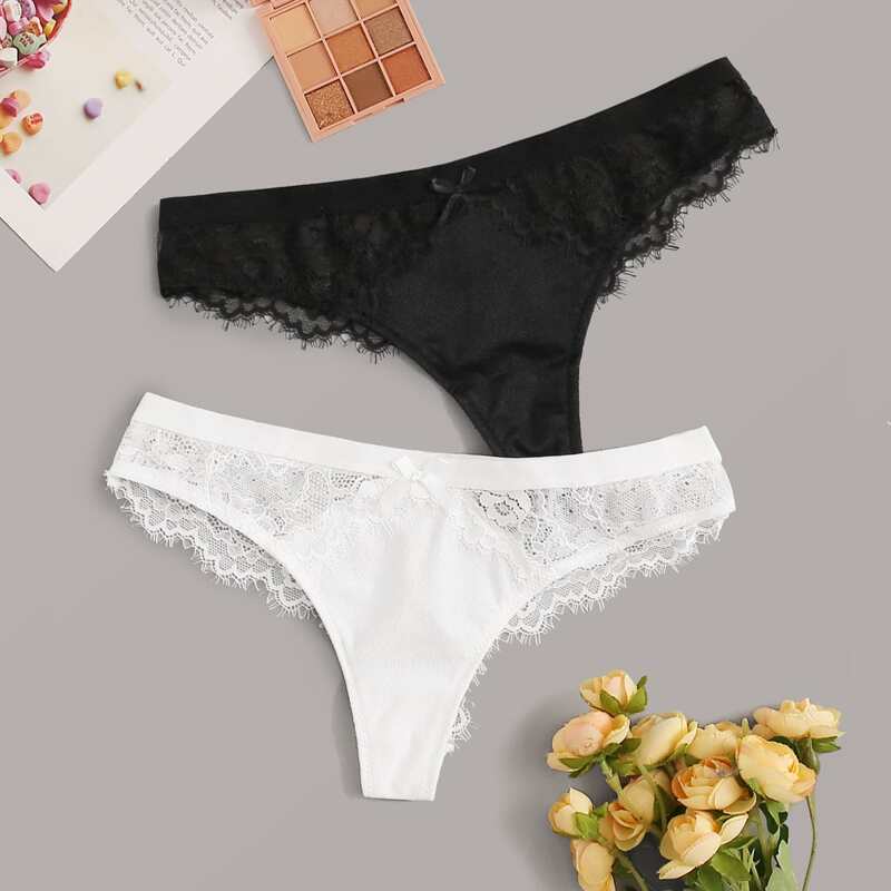 

2pack Contrast Lace Panty Set, Black and white