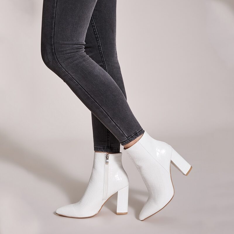 

Point Toe Side Zip Croc Chunky Boots, White