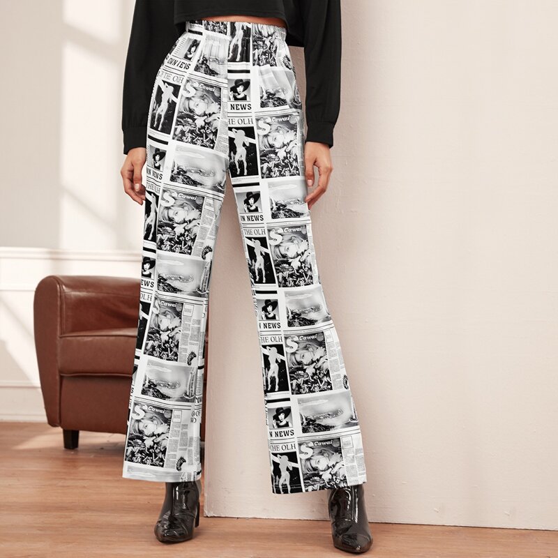 

Newspaper Print Elastic Waist Pants, Black and white