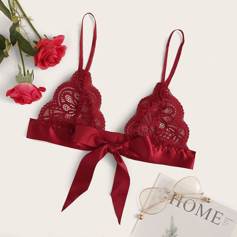 

Tie Front Floral Lace Bralette, Red