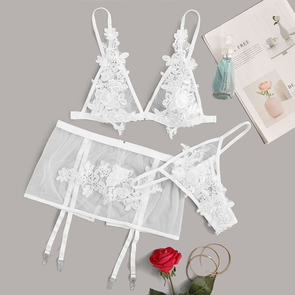 

Floral Appliques Sheer Mesh Lingerie Set & Garter, White