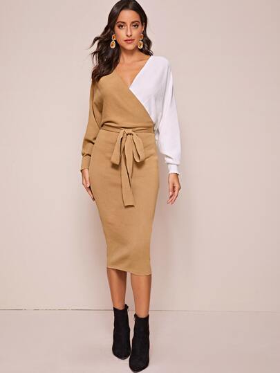 Two Tone Belted Surplice Sweater Dress