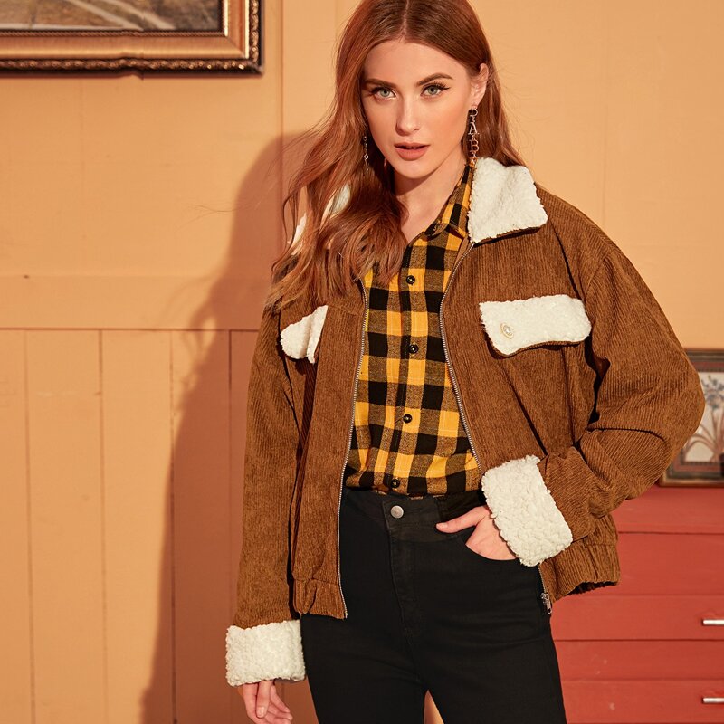 

Zip Up Corduroy Jacket With Borg Collar, Brown