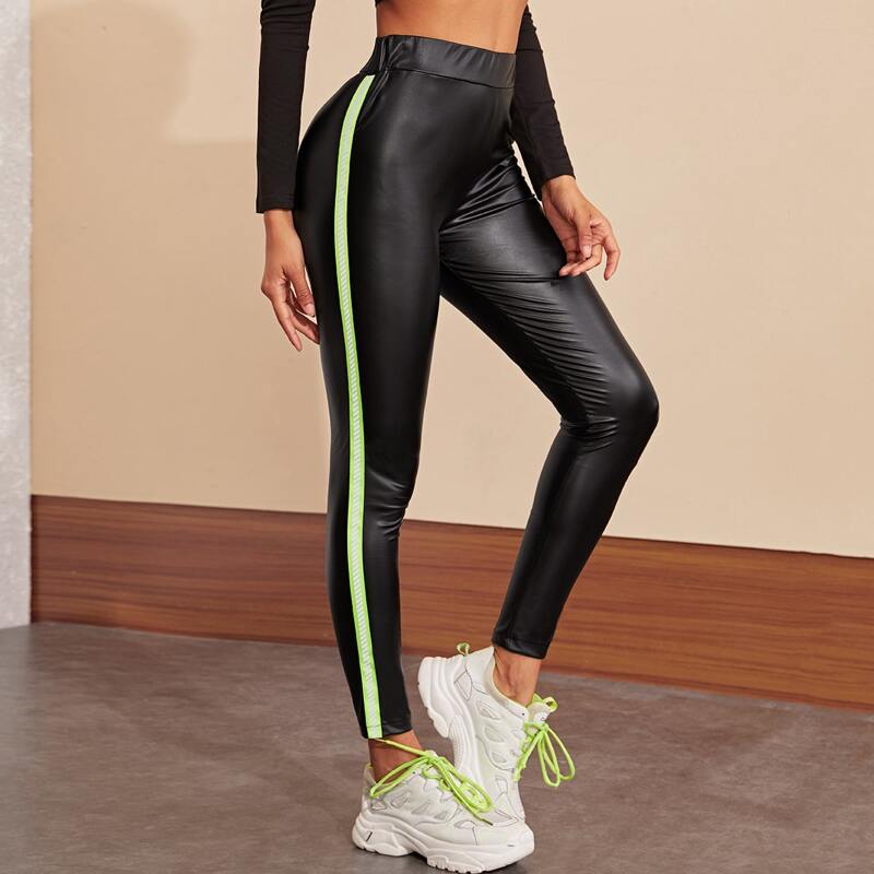 

Contrast Panel PU Leather Leggings, Black