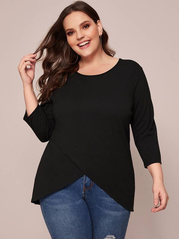 

Plus Tulip Hem Round Neck Tee, Black, Ella