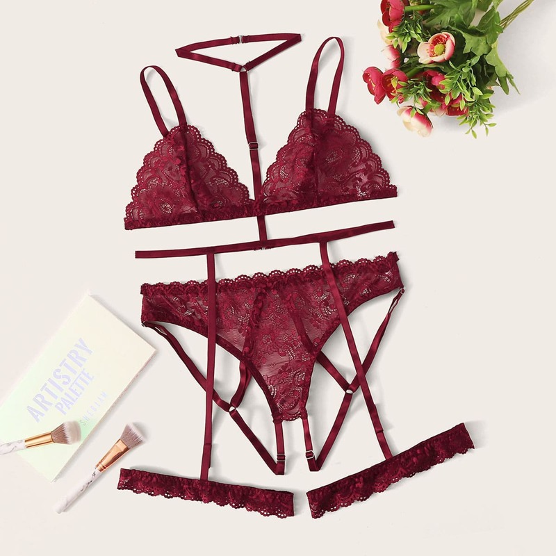

Floral Lace Garter Lingerie Set & Choker, Burgundy