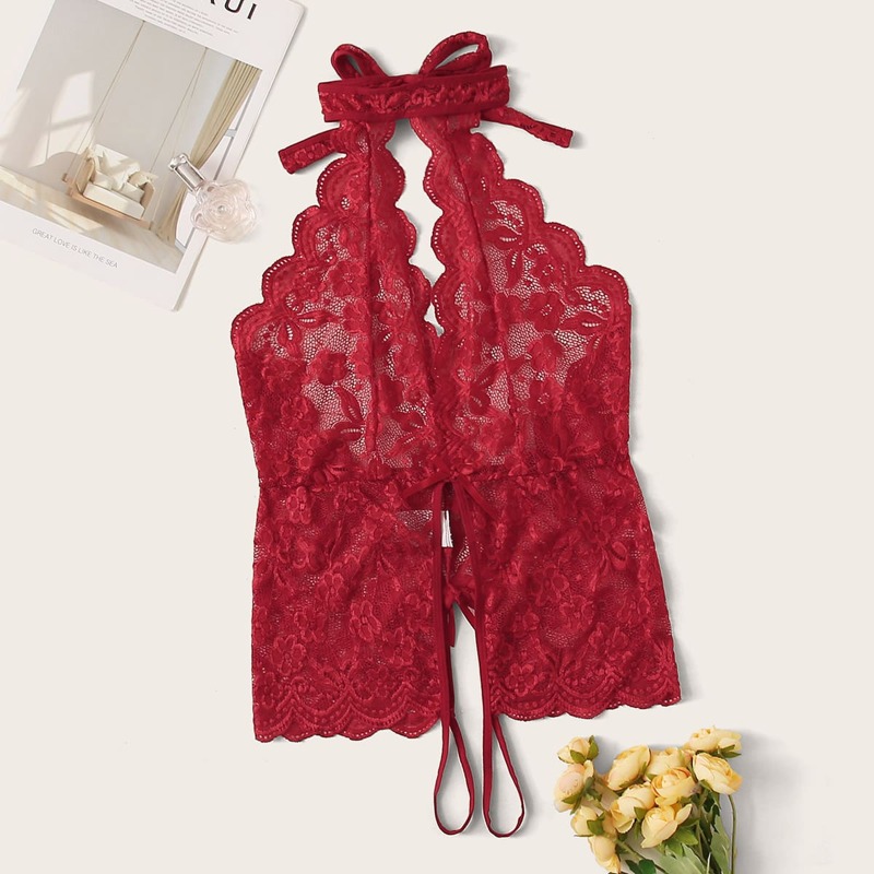 

Floral Lace Crotchless Teddy Bodysuit, Red