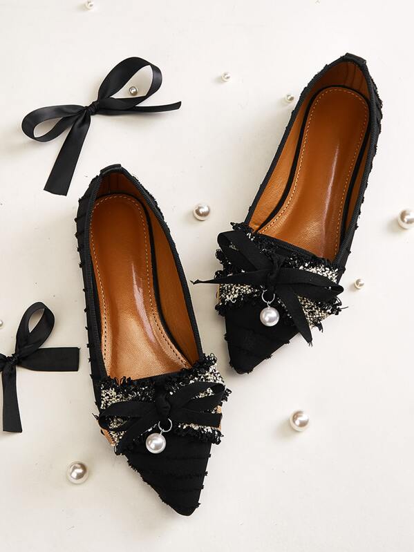 

Point Toe Bow & Faux Pearl Decor Flats, Black