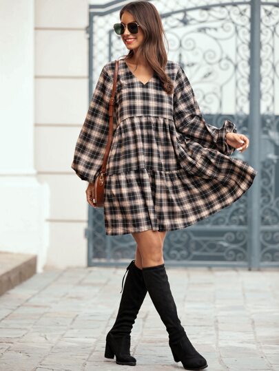 Tartan V-Neck Bishop Sleeve Smock Dress