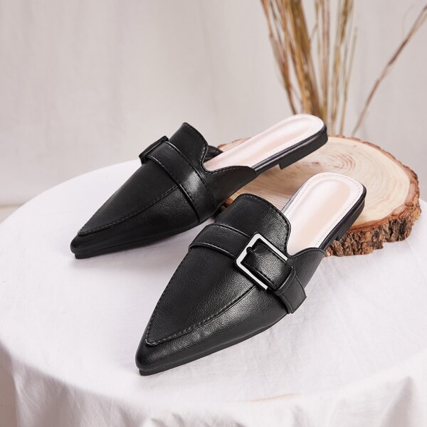 

Point Toe Buckle Decor Flat Mules, Black