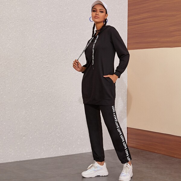 

Letter Graphic Drawstring Hoodie & Sweatpants Set, Black