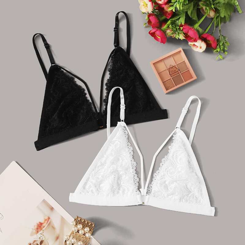 

2pack Floral Lace Harness Bra Set, Black and white
