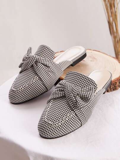 Ruched Decor Houndstooth Flat Mules